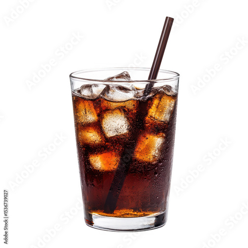Refreshing iced cola drink in a glass with straw