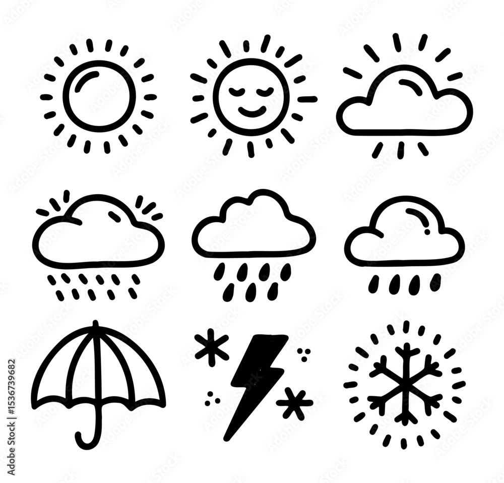Collection of weather icons like sun, clouds, lightning etc. Collection of weather icons like sun, clouds, lightning etc.