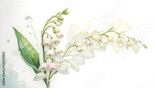 Wallpaper Mural A delicate watercolor illustration of lily of the valley, featuring a graceful cluster of bell-shaped white and light pink blooms with green leaves on a white background. Torontodigital.ca