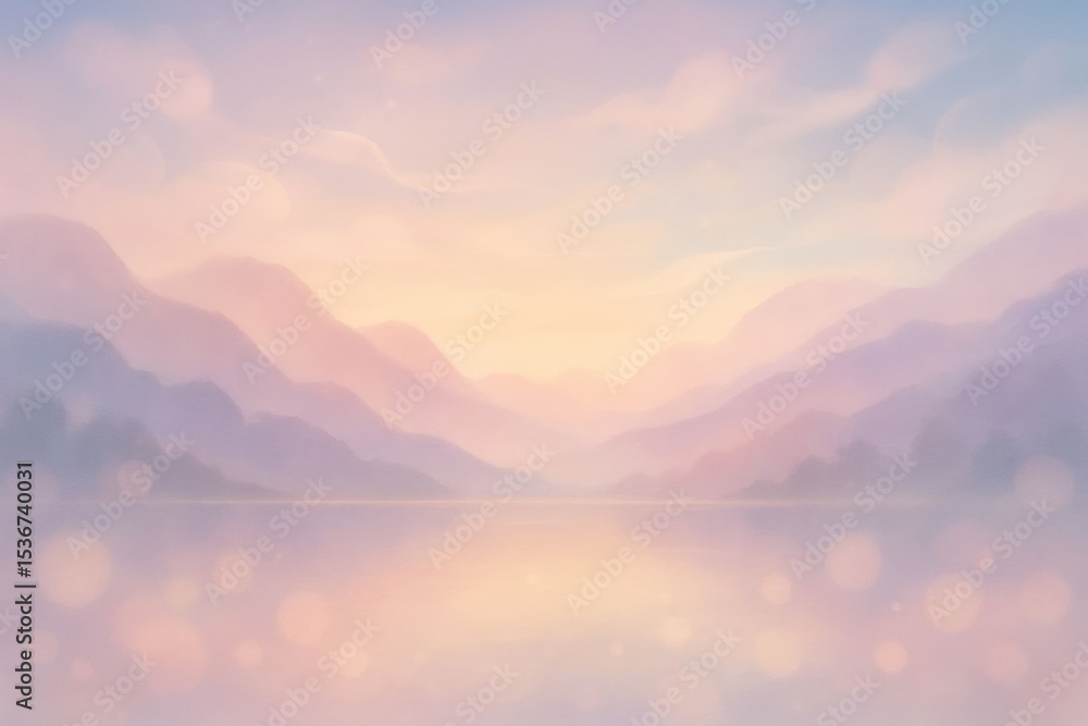 Fototapeta premium Abstract pastel landscape with soft mountains and serene lake 