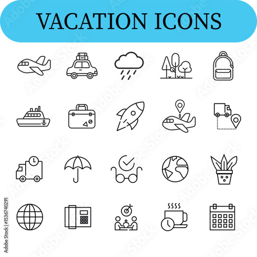 A collection of simplistic vacation-themed icons, each depicted in black line art on a white background with a blue header.