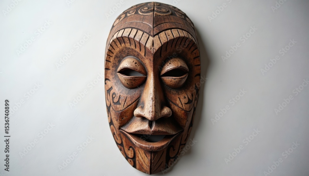 Intricately Carved Wooden Mask Displayed on a Neutral Background, Showcasing Cultural Artistry and Heritage Intricately Carved Wooden Mask Displayed on a Neutral Background, Showcasing Cultural Artistry and Heritage