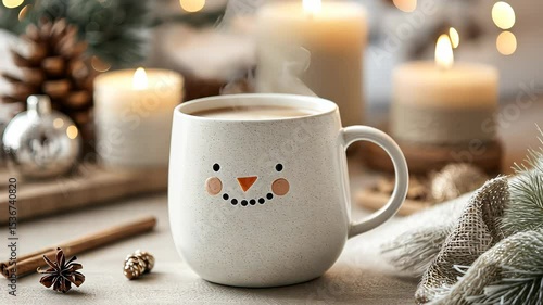 Wallpaper Mural Snowman mug resting on wooden table with blurred christmas lights creating a warm, festive atmosphere Torontodigital.ca