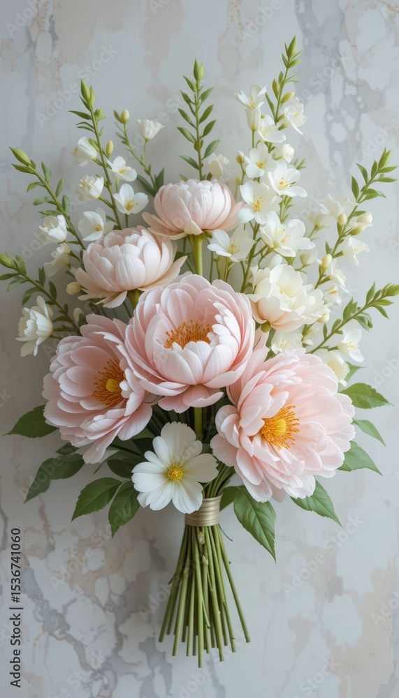 Obraz premium Pink peonies and delicate white blooms elegantly arranged, a timeless expression of springtime grace and natural beauty