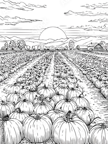 Hand-drawn pumpkin patch field with sunrise landscape in vintage line art style. Perfect for autumn harvest, farm-to-table, agricultural and seasonal marketing designs