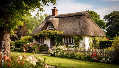 Charming thatched cottage surrounded by vibrant flowers and lush green garden landscape