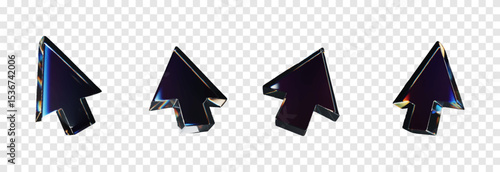 Vector set of 3D arrows with dispersion effect png. Glass arrow or cursor from different sides png. Dispersion effect.