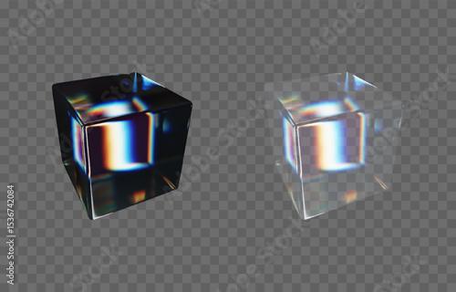 Vector set of 3D cubes with dispersion effect png. Glass cube from different sides png. Dispersion effect.