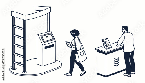 Trade Show Icons. Outline icon set of trade show visitors: exhibitor booth, demo kiosk, swag bag, badge scanner, brochure rack,                            