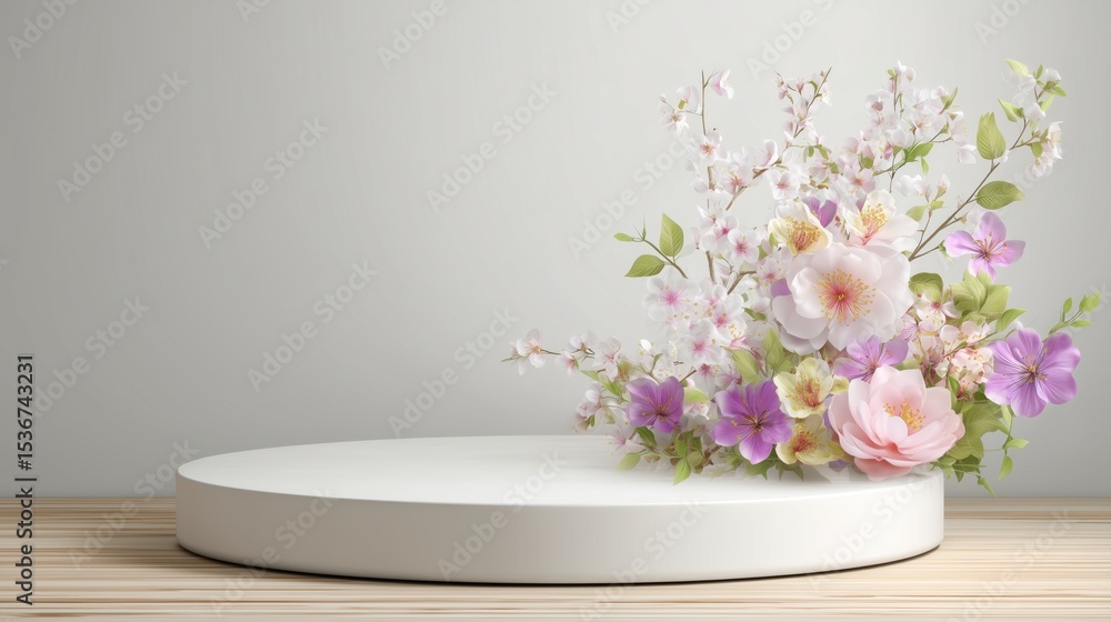 Minimalist Podium Decorated with Wildflowers on a Pastel Textured Background Minimalist Podium Decorated with Wildflowers on a Pastel Textured Background