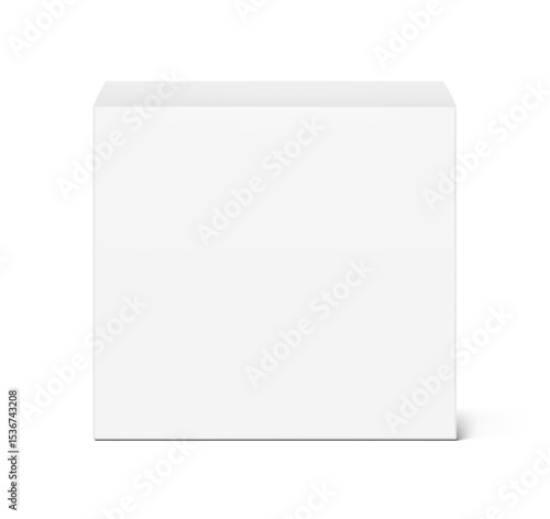 Realistic white closed paperboard box mockup. Front view. Vector illustration isolated on white background. Taking your 2D designs into 3D. Can be use for pharmacy, cosmetic, food. EPS10.
