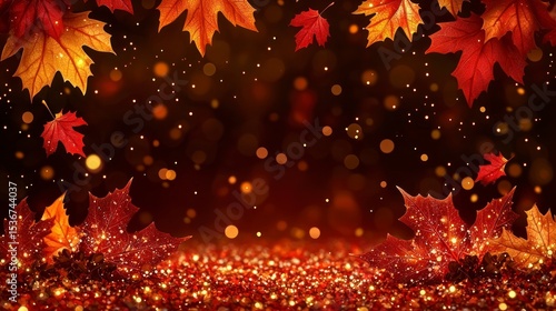 Fototapeta Naklejka Na Ścianę i Meble -  Close-up view of red and orange fall leaves with sparkling bokeh