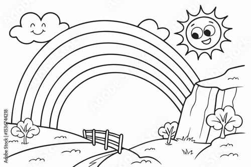 simple coloring page of a wide, vibrant rainbow forming a bridge over a simple canyon, with happy, puffy clouds at each end, a small, cheerful sun watches from above, thick lines for toddlers, cartoon
