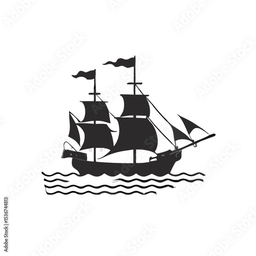 Sailing ship with full sails gliding on waves under a clear sky at sea