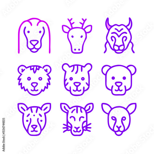 Wallpaper Mural Various animal faces illustrated in simple line art style with vibrant purple colors against a bright background Torontodigital.ca