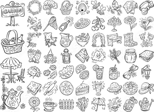 Hand drawn garden, picnic, food, and nature illustrations for outdoor and seasonal design