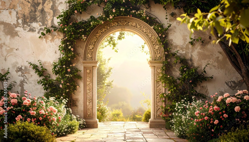 Fototapeta premium Scenic garden featuring a stone path leading to a doorway framed by beautiful foliage