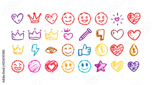 Colorful collection of sketched emojis and icons featuring hearts, crowns, and smiles in vibrant hues