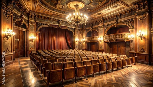 Elegant vintage theater interior with a stunning chandelier creating a dramatic ambiance