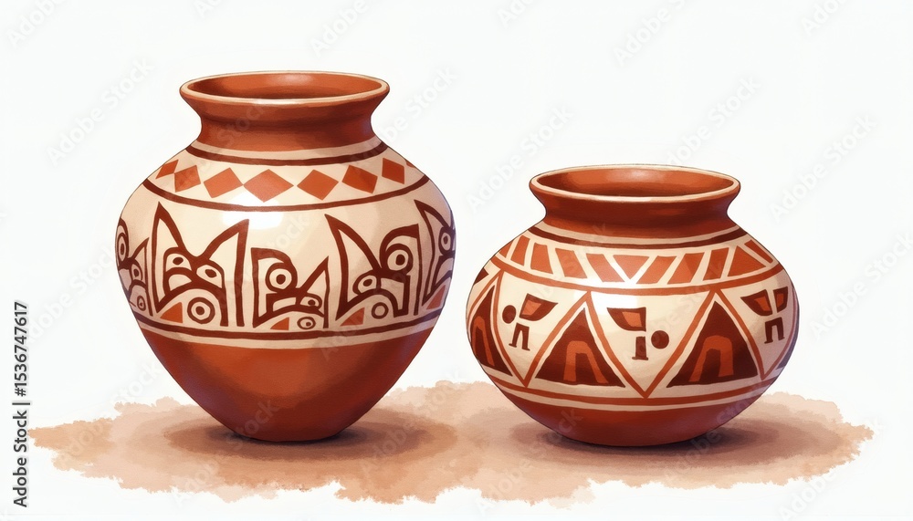 Two intricately designed ceramic pots showcasing traditional patterns and colors, placed on a neutral background Two intricately designed ceramic pots showcasing traditional patterns and colors, placed on a neutral background