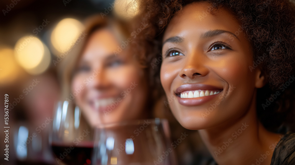 Women enjoying red wine at a relaxed gathering in soft light Women enjoying red wine at a relaxed gathering in soft light