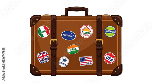 Welltraveled suitcase with global stickers