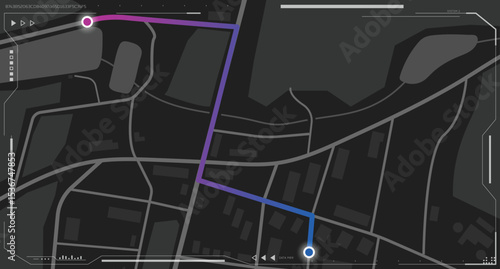 City map navigation gray monochrome view with neon color route. Top view, view from above on route with futuristic UI overlay. Simple realistic map design with small town, houses and interface.
