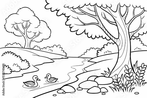 simple coloring page of a river flowing through a forest, with smooth stones on the bank and a family of ducks swimming, large simple trees on both sides, thick lines, for children