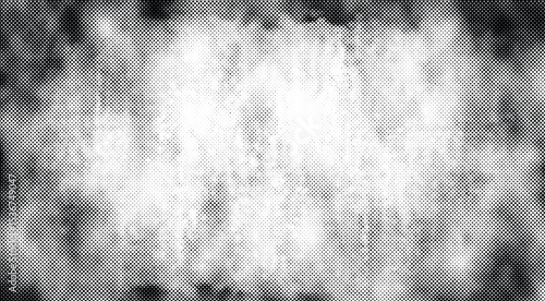 Vector halftone background with irregular grunge dot texture. Abstract distorted pattern with black gradient spots on white backdrop.