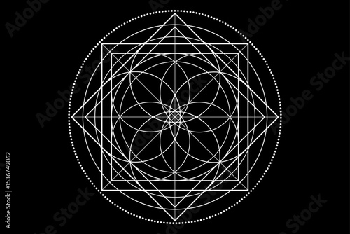 Sacred Geometry symbol. Logo icon Geometric mystic mandala of alchemy esoteric Flower of Life. Mystical lotus of fortune, white vector tattoo divine meditative amulet isolated on black background