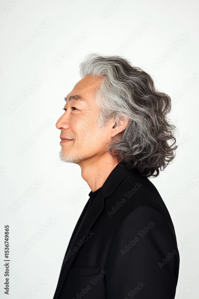 Creative of style for aging men. Elegant men's side part haircut - midlife asian man with curly hair. Pure white solid background. A chic gentleman dressed in style and confidence. Creative of style for aging men. Elegant men's side part haircut - midlife asian man with curly hair. Pure white solid background. A chic gentleman dressed in style and confidence.