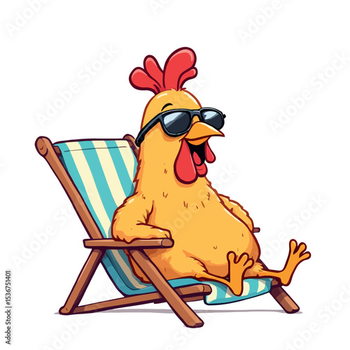 Vsai cartoon chicken relaxing on beach chair wearing sunglasses