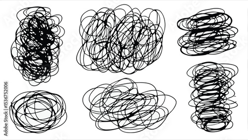 Six abstract scribble designs with overlapping black lines on a white background creating chaotic shapes