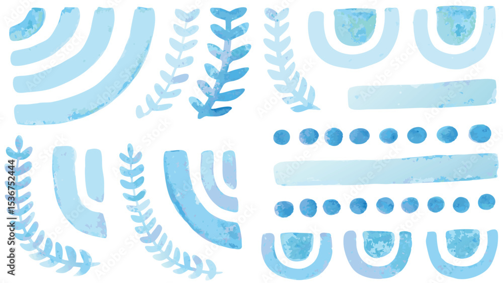 Fototapeta premium Watercolor style pattern with blue arches, lines, dots, and foliage on a white background design element