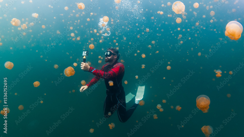 Naklejka premium Freediver with action camera swims underwater in the lake full of jellyfish. West Papua, Misool, Indonesia