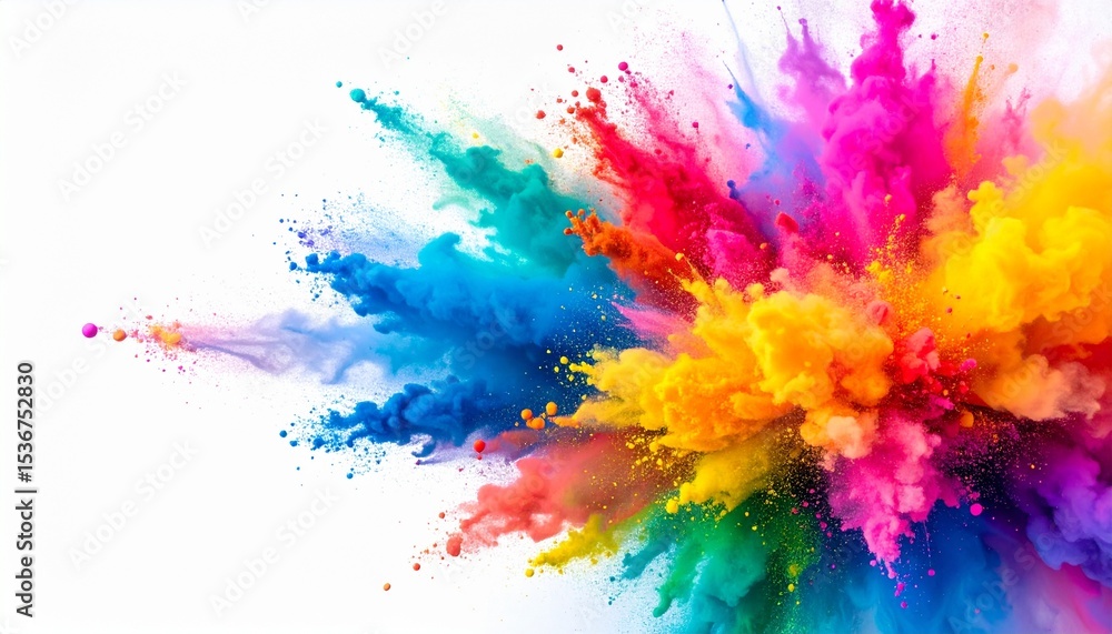 Fototapeta premium Vibrant colorful explosion of powder on the left side of a bright white background