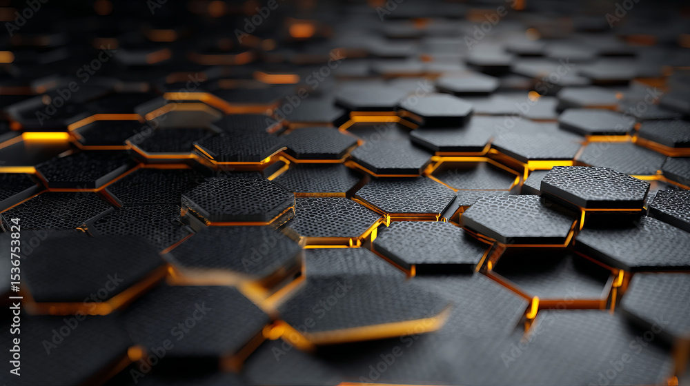 Obraz premium Abstract hexagonal pattern with glowing elements in metallic colors