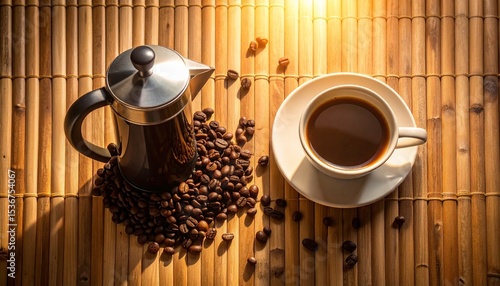 Cozy flat lay of coffee beans french press and ceramic mug on bamboo surface for daily ritual