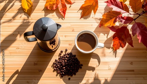Cozy flat lay of coffee beans with french press and ceramic mug surrounded by autumn leaves