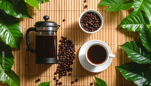 Cozy flat lay of coffee beans with french press and ceramic mug on bamboo surface displayed