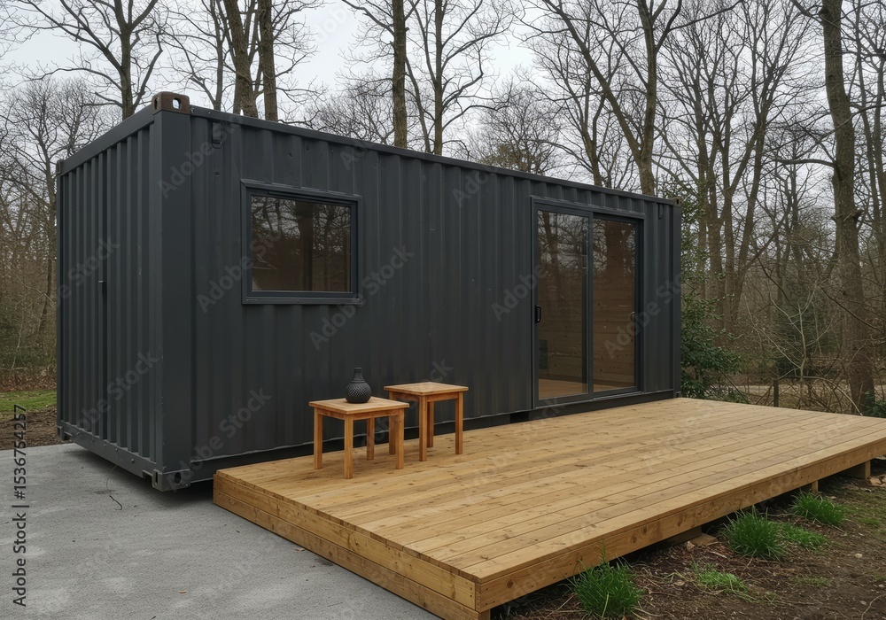 A container house in the middle of a plot of land with trees A container house in the middle of a plot of land with trees