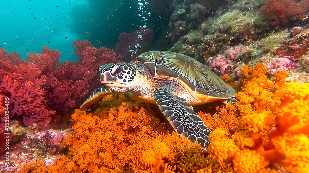 Naklejka premium Sea turtle amidst vibrant coral reef