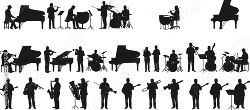 Vector silhouette of musicians playing instruments, jazz band, orchestra, piano, drums, trumpet, violin, trombone, live concert performance illustration