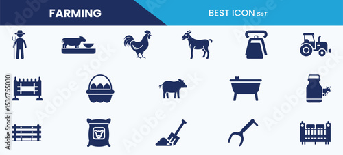 Livestock farming icon set collection. Farmer, tractor, goat, cow bell, chicken coop, milk can, animal fence, animal track. Vector illustration.
