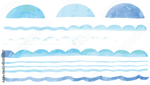 Watercolor illustration of blue semicircles and wavy lines in varying shades of blue and white colors