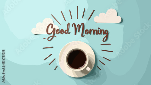 Cup of Coffee with Sun Rays - Vector Illustration for Breakfast and Morning Ads