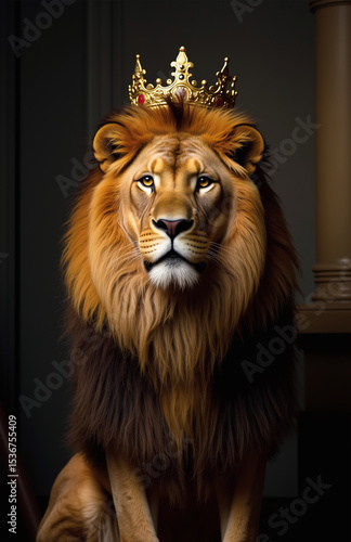 Majestic crowned lion portrait with Renaissance-inspired artistic lighting.