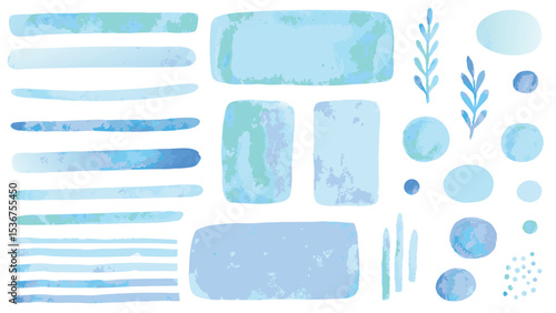 Watercolor blue shapes and lines including rectangles circles and leaf sprigs on a white background