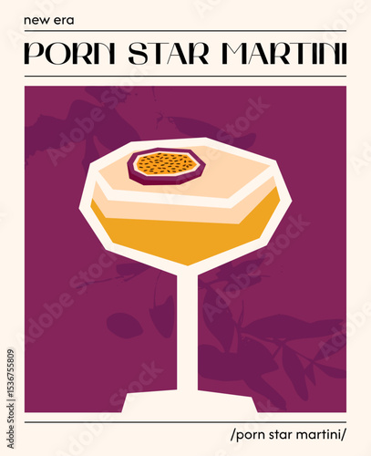 Porn star martini cocktail. Vector illustration of modern alcoholic drink. Poster with trendy passion fruit martini cocktail.