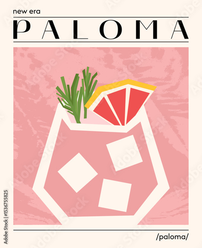Paloma cocktail. Vector illustration of summer alcoholic drink garnished with grapefruit. Poster with tropical refreshing cocktail. Contemporary poster for bar, restaurants and menu.
